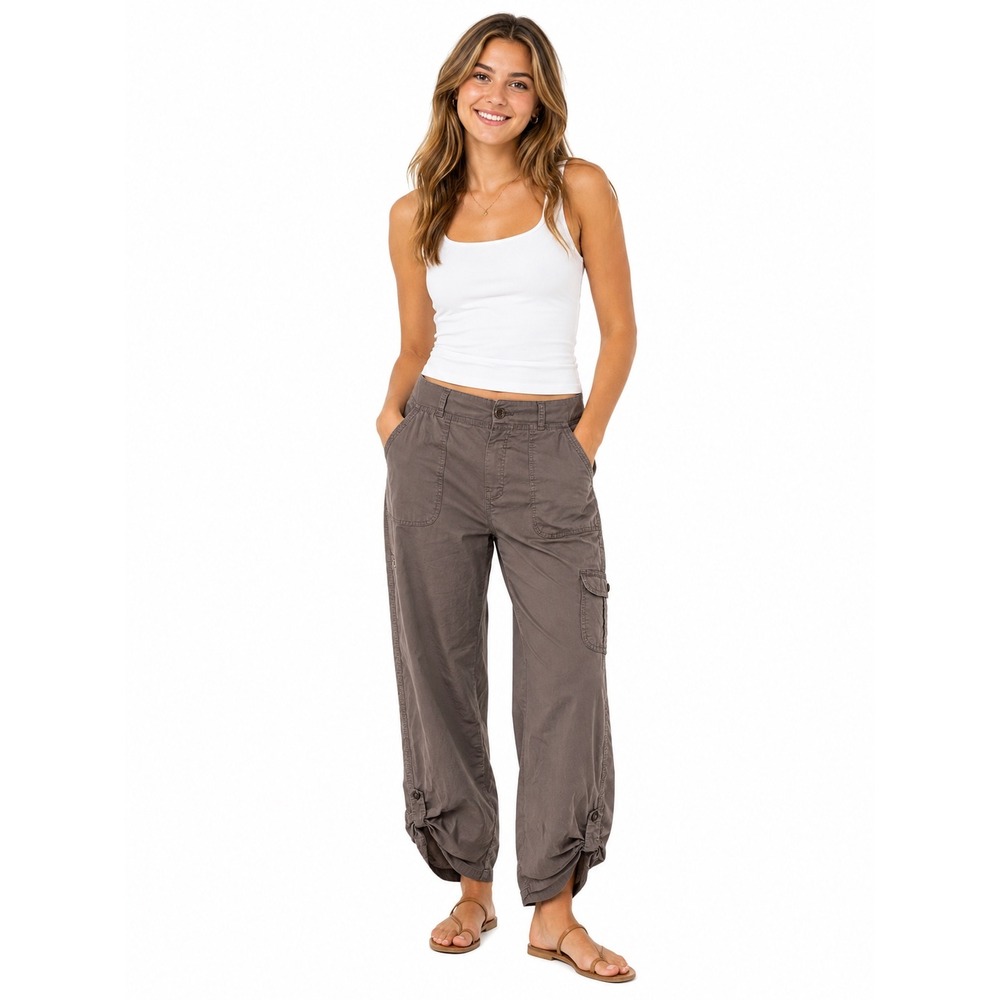 Dash Brown Cargo Pants L Utility Relaxed Cinch Hem Cropped Cotton Utility Earthy